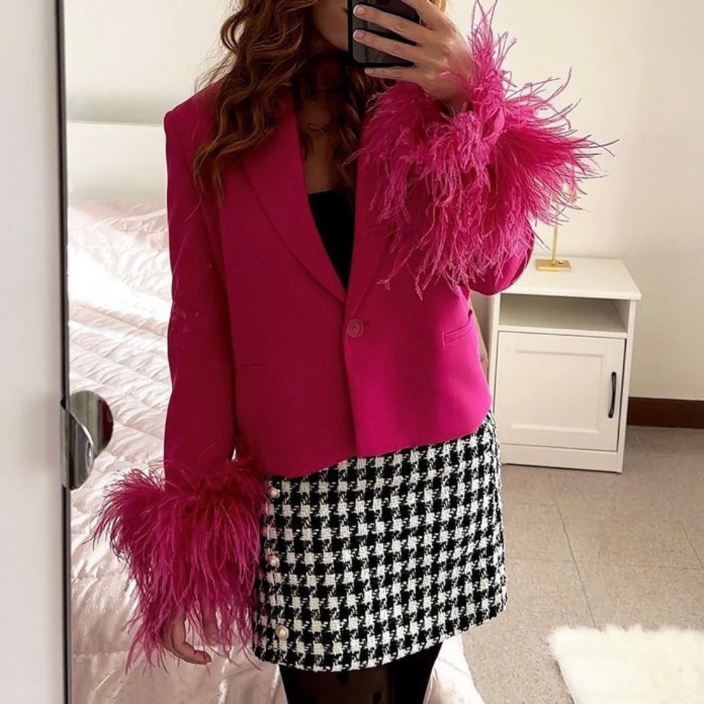 Zara short feather blazer neon fuchsia pink - Picture 13 of 16
